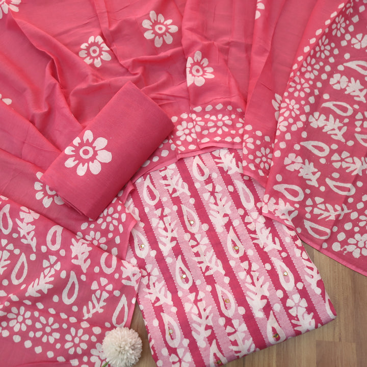 Gulshan Flamingo Pink Patra Work in Batik Printed Cotton Suit Set