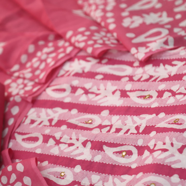 Gulshan Flamingo Pink Patra Work in Batik Printed Cotton Suit Set