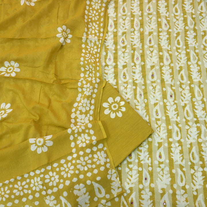 Gulshan Turmeric Yellow Patra Work in Batik Printed Cotton Suit Set
