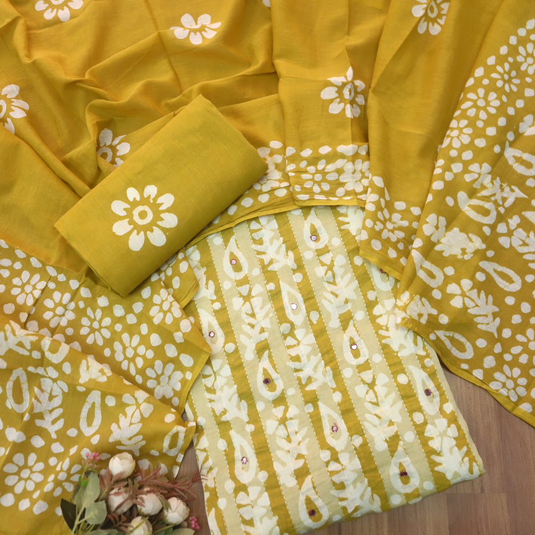 Gulshan Turmeric Yellow Patra Work in Batik Printed Cotton Suit Set