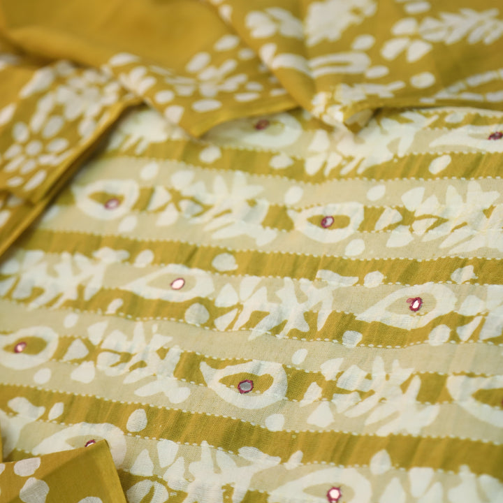 Gulshan Turmeric Yellow Patra Work in Batik Printed Cotton Suit Set
