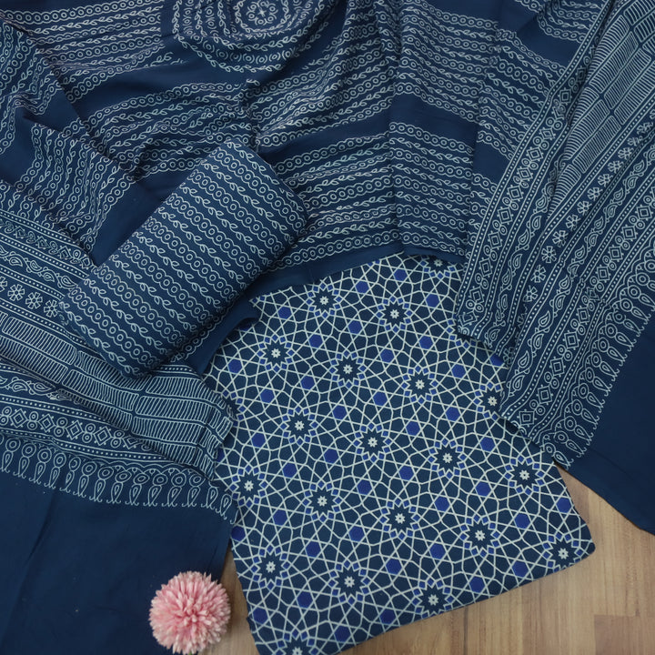 Temptation Cerulean Blue All Over Block Printed Cotton Rayon Suit Set
