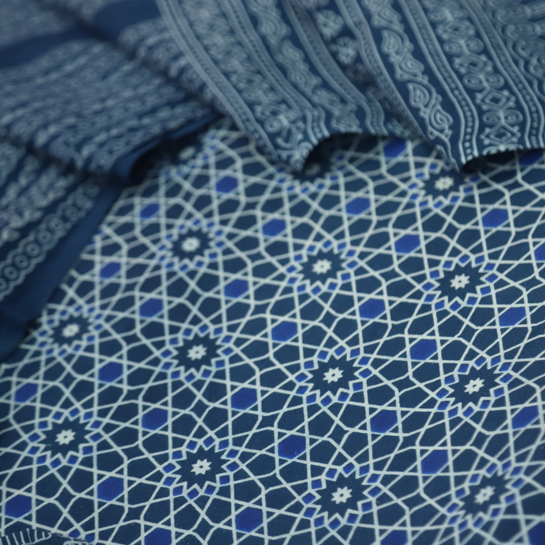 Temptation Cerulean Blue All Over Block Printed Cotton Rayon Suit Set