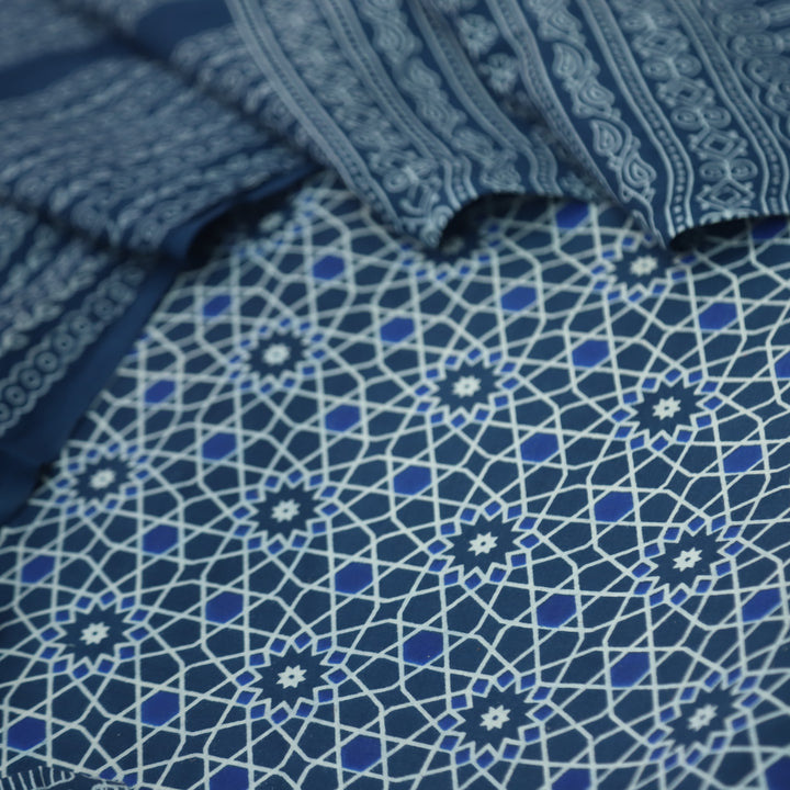 Temptation Cerulean Blue All Over Block Printed Cotton Rayon Suit Set