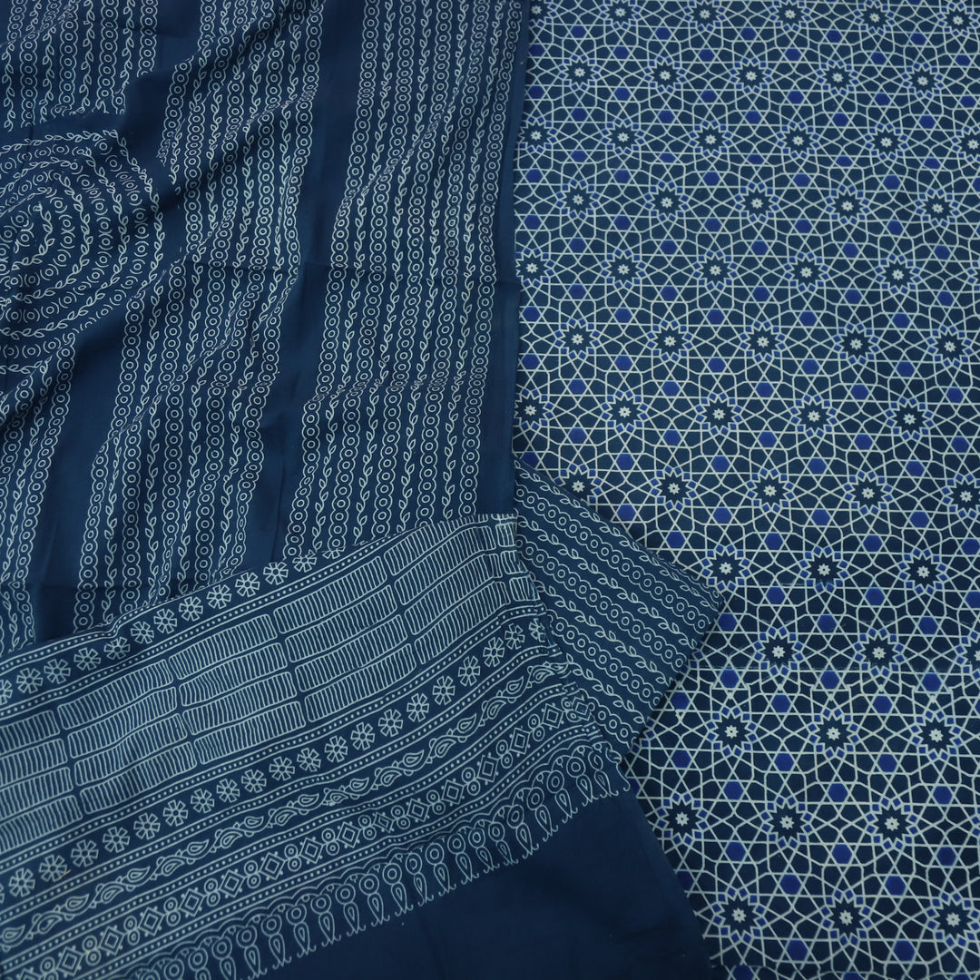 Temptation Cerulean Blue All Over Block Printed Cotton Rayon Suit Set