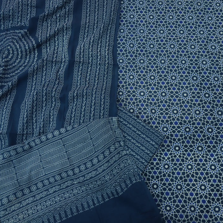 Temptation Cerulean Blue All Over Block Printed Cotton Rayon Suit Set