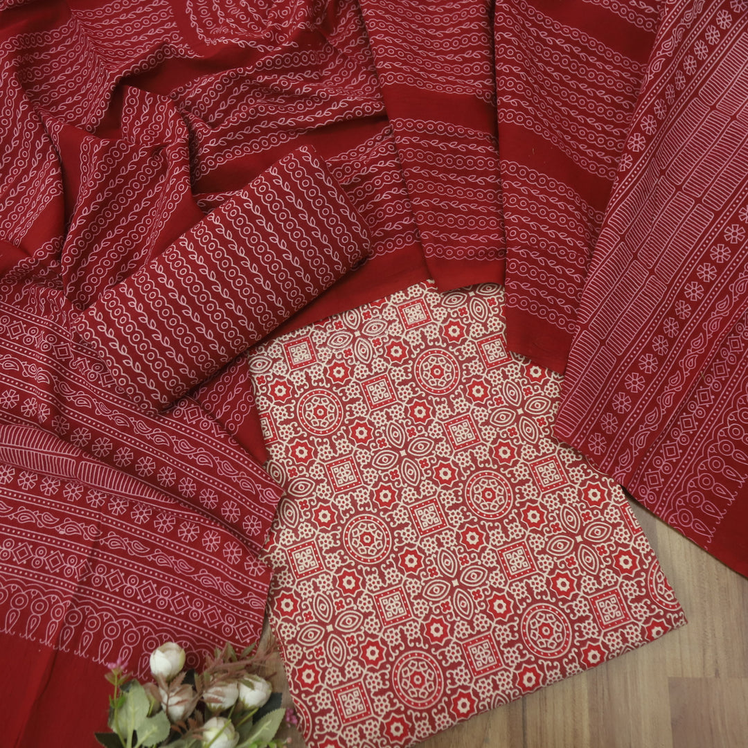 Temptation Cherry Maroon All Over Block Printed Cotton Rayon Suit Set D2