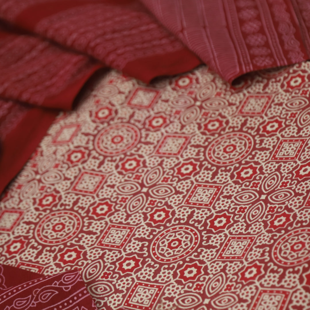 Temptation Cherry Maroon All Over Block Printed Cotton Rayon Suit Set D2