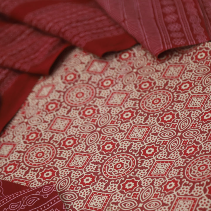 Temptation Cherry Maroon All Over Block Printed Cotton Rayon Suit Set D2