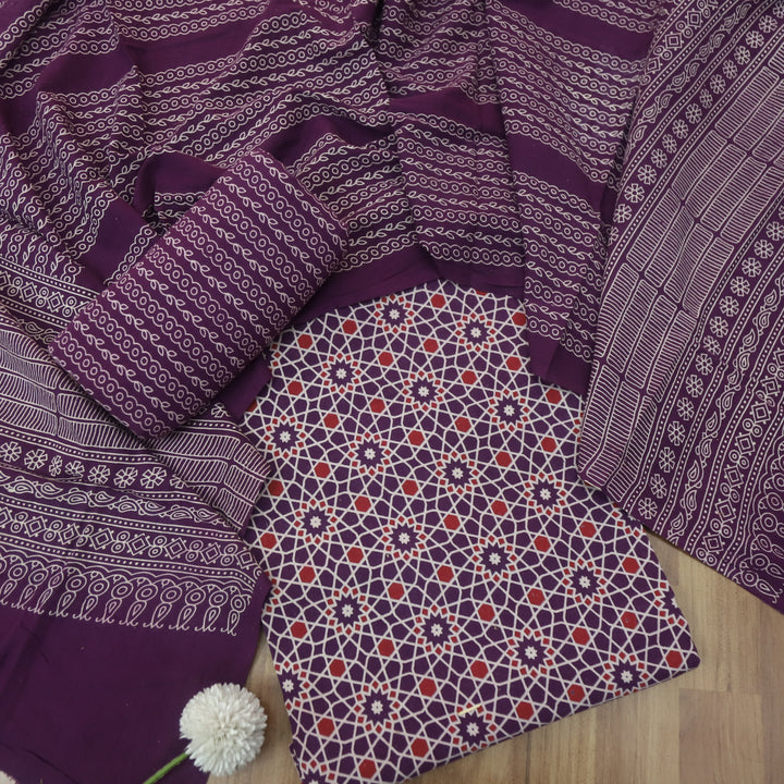 Temptation Blueberry Purple All Over Block Printed Cotton Rayon Suit Set