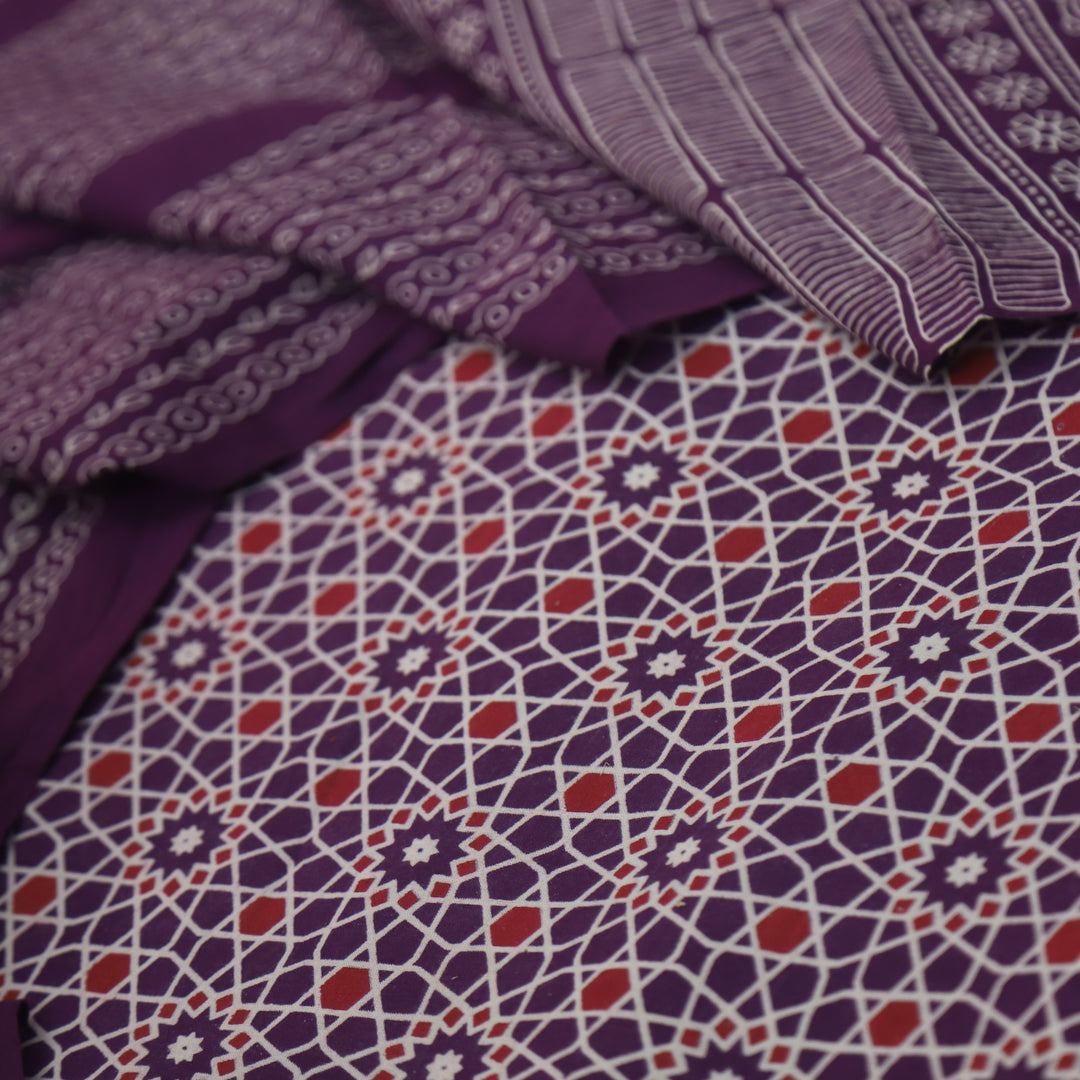 Temptation Blueberry Purple All Over Block Printed Cotton Rayon Suit Set