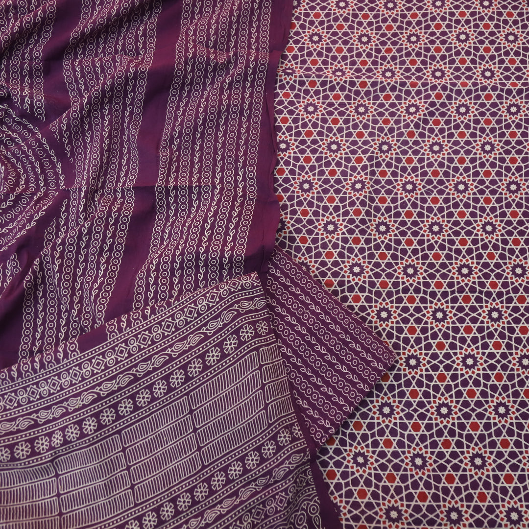 Temptation Blueberry Purple All Over Block Printed Cotton Rayon Suit Set