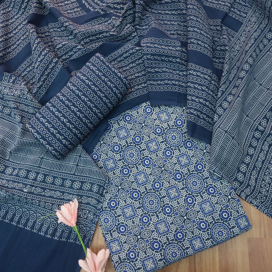 Temptation Dark Blue All Over Block Printed Cotton Rayon Suit Set D2