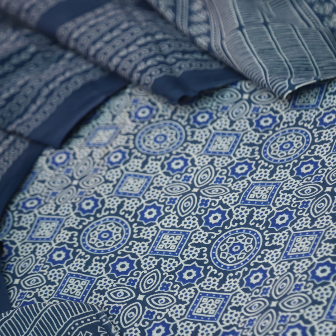 Temptation Dark Blue All Over Block Printed Cotton Rayon Suit Set D2