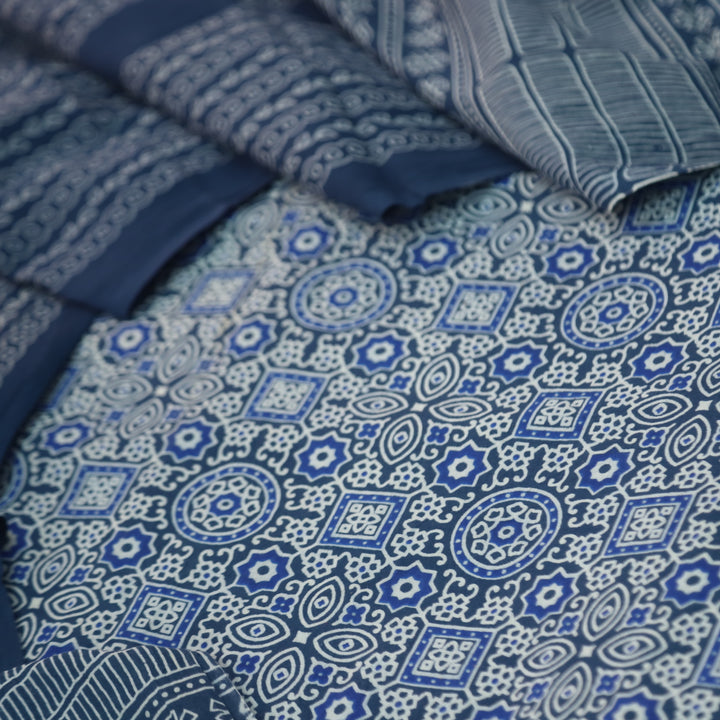 Temptation Dark Blue All Over Block Printed Cotton Rayon Suit Set D2