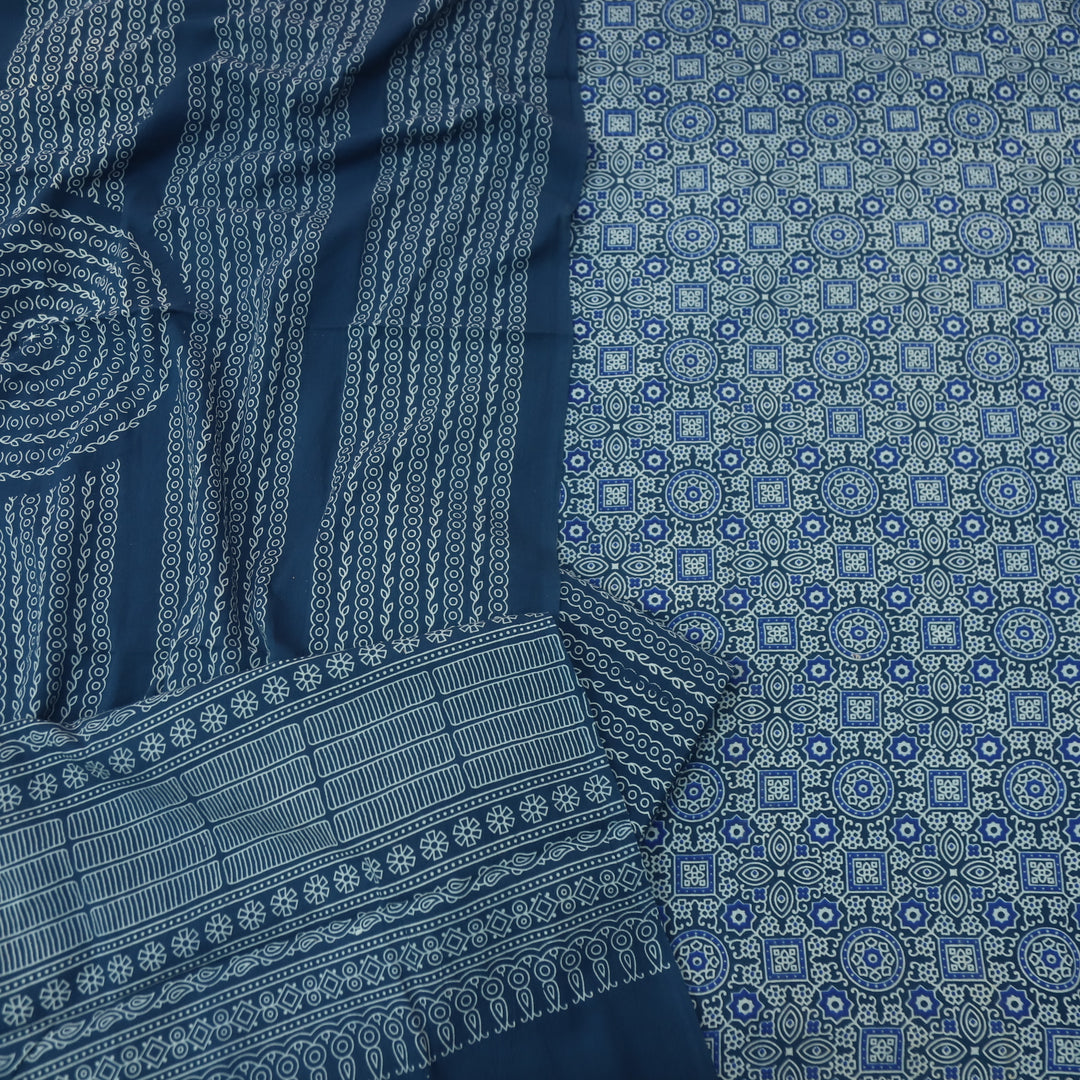 Temptation Dark Blue All Over Block Printed Cotton Rayon Suit Set D2