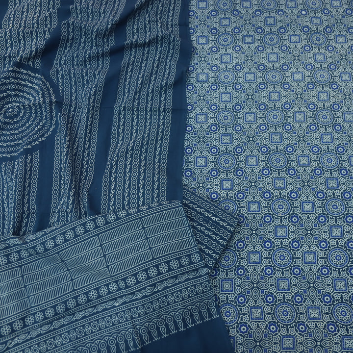 Temptation Dark Blue All Over Block Printed Cotton Rayon Suit Set D2