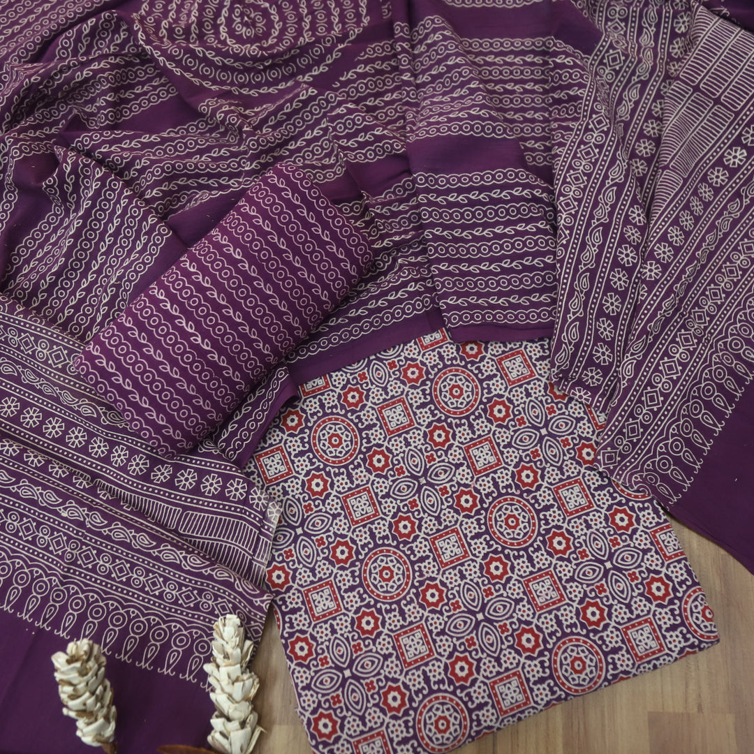 Temptation Blueberry Purple All Over Block Printed Cotton Rayon Suit Set D2