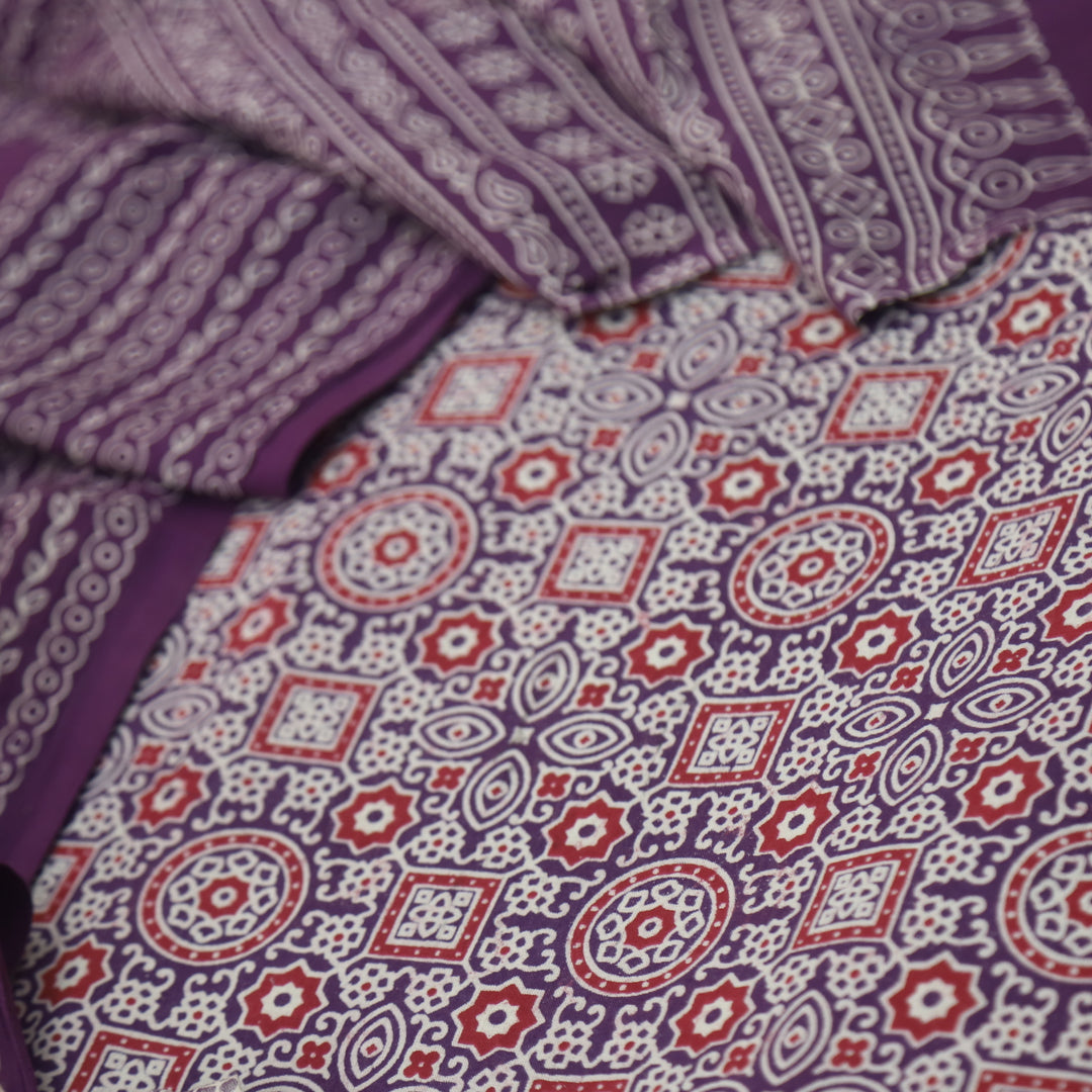 Temptation Blueberry Purple All Over Block Printed Cotton Rayon Suit Set D2