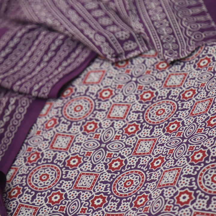 Temptation Blueberry Purple All Over Block Printed Cotton Rayon Suit Set D2