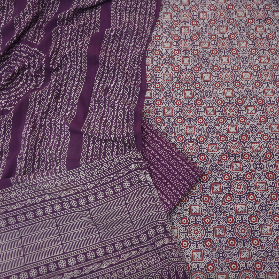 Temptation Blueberry Purple All Over Block Printed Cotton Rayon Suit Set D2