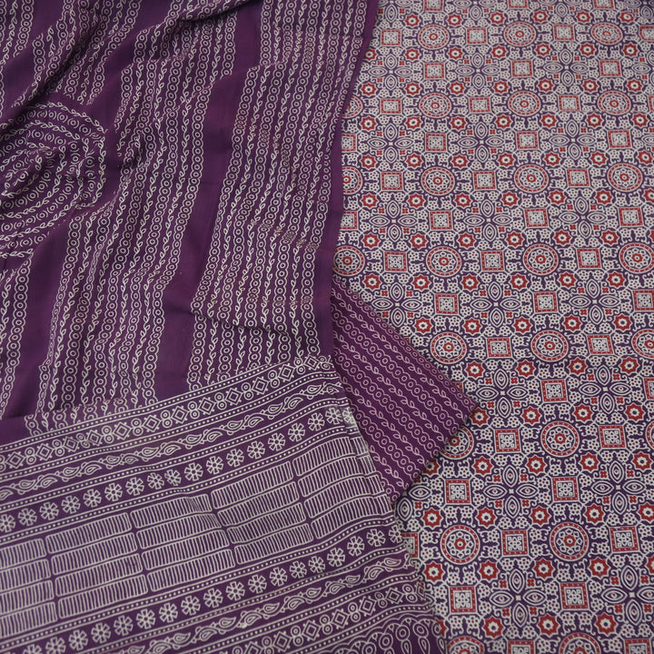Temptation Blueberry Purple All Over Block Printed Cotton Rayon Suit Set D2