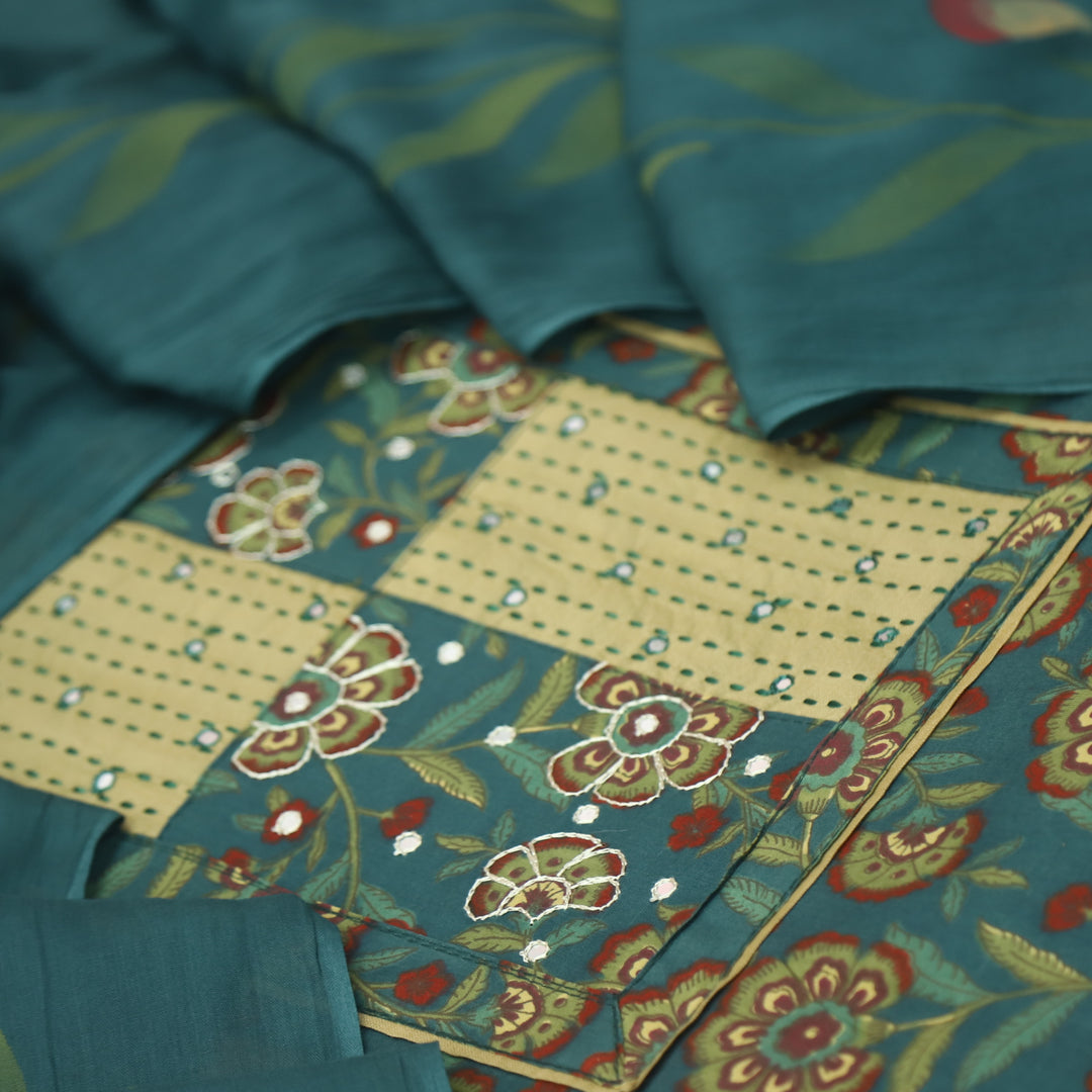 Kakaswi Pine Teal Patra with Thread Weaved Work Floral Print Cotton Set