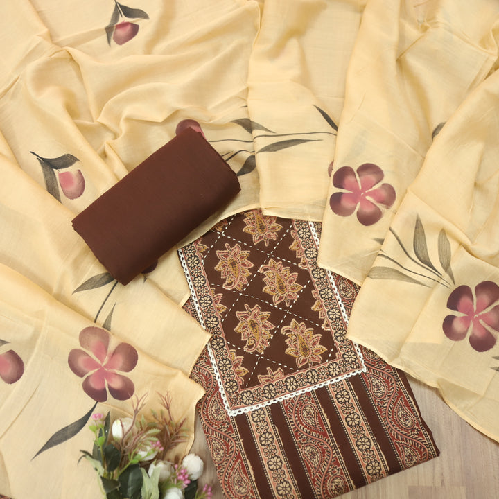 Kakaswi Chocolate Brown Kalamkari Patch in Printed Cotton Suit Set-D1