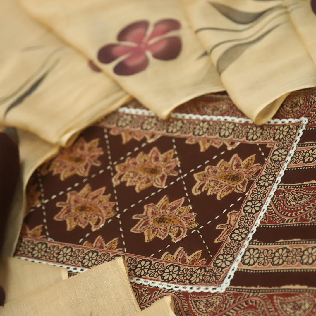 Kakaswi Chocolate Brown Kalamkari Patch in Printed Cotton Suit Set-D1