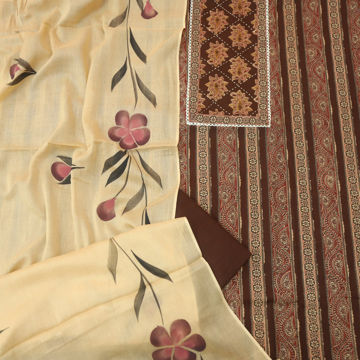 Kakaswi Chocolate Brown Kalamkari Patch in Printed Cotton Suit Set-D1