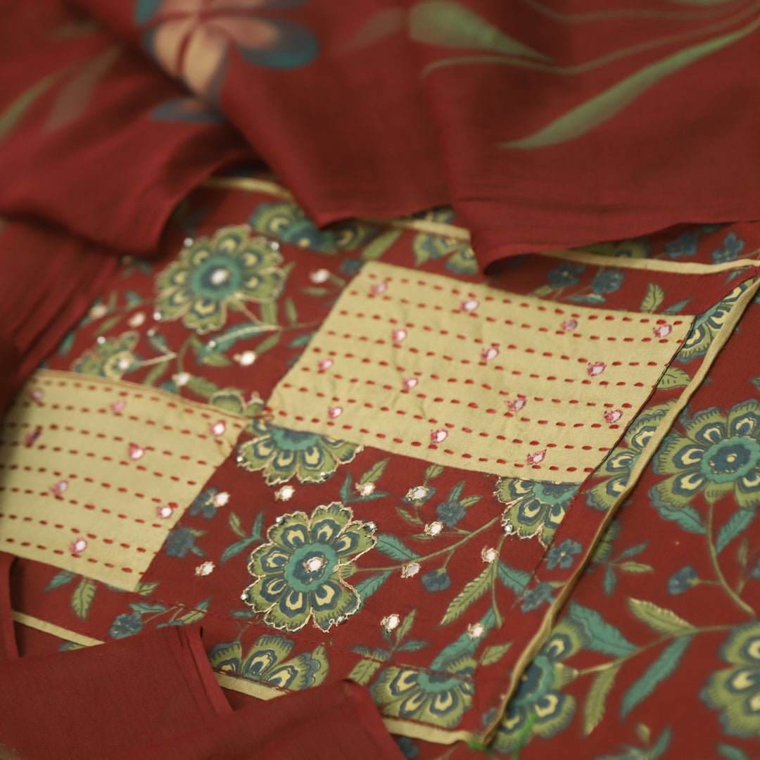 Kakaswi Burgundy Red Patra with Thread Weaved Work Floral Print Cotton Set