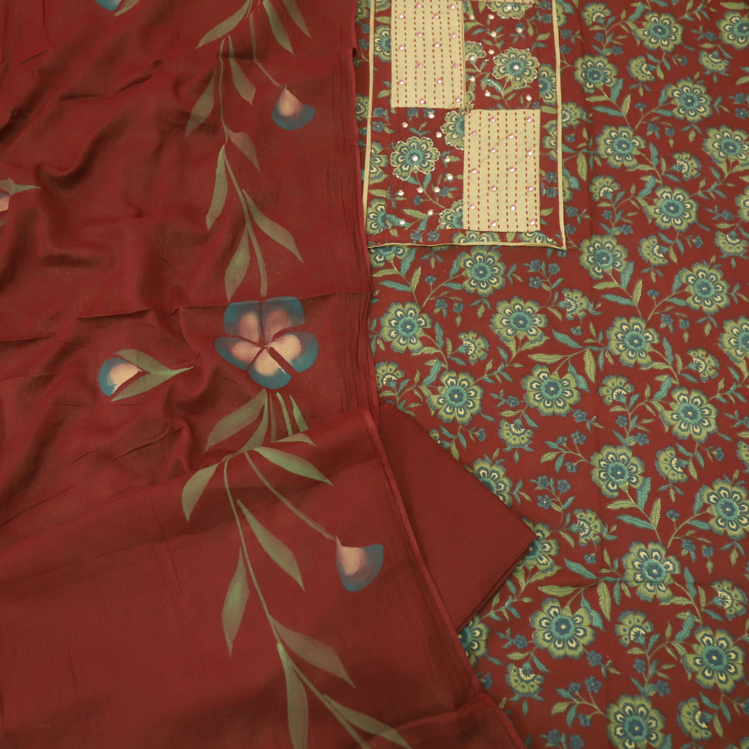 Kakaswi Burgundy Red Patra with Thread Weaved Work Floral Print Cotton Set