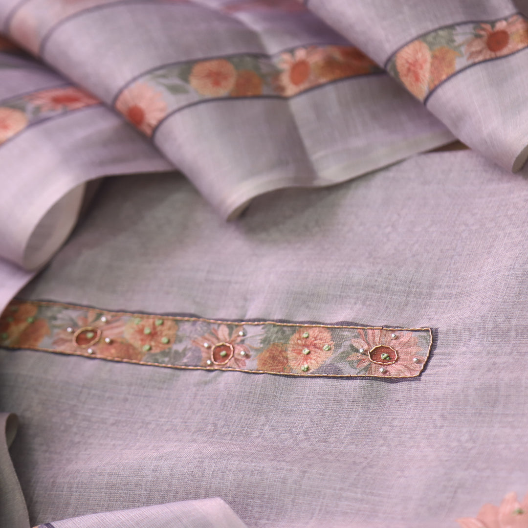 Beliya Gun Metal Grey Zari Detailing Floral Printed Shimmer Tissue Linen Suit Set