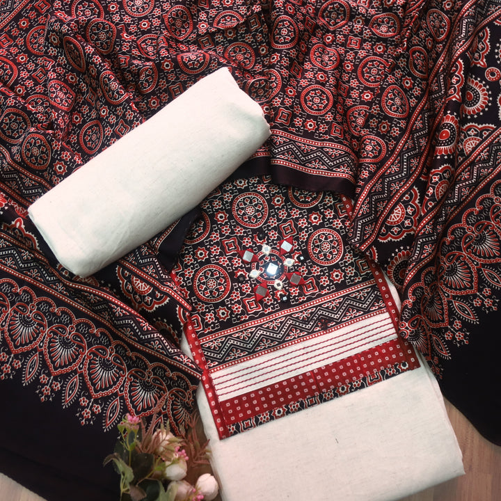 Holiya Shell White Mashru Patch with Mirror Work Detailing Cotton Flex Suit Set
