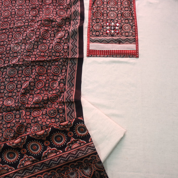 Holiya Shell White Mashru Patch with Mirror Work Detailing Cotton Flex Suit Set