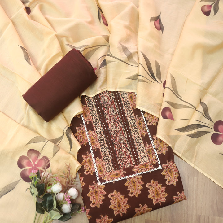 Kakaswi Chocolate Brown Kalamkari Patch in Printed Cotton Suit Set D2