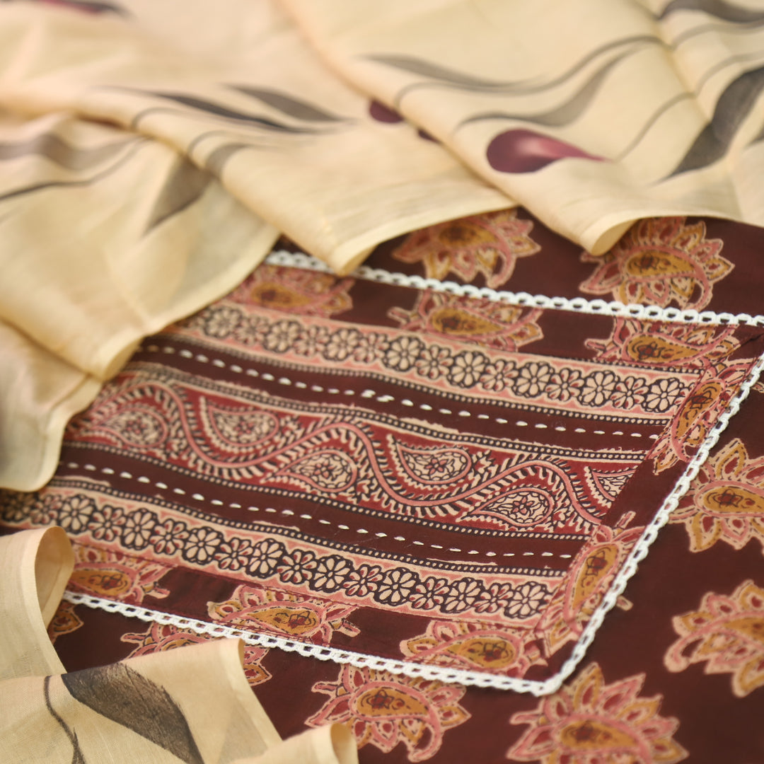 Kakaswi Chocolate Brown Kalamkari Patch in Printed Cotton Suit Set D2