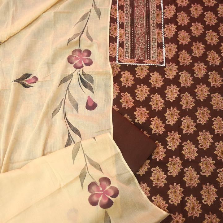 Kakaswi Chocolate Brown Kalamkari Patch in Printed Cotton Suit Set D2