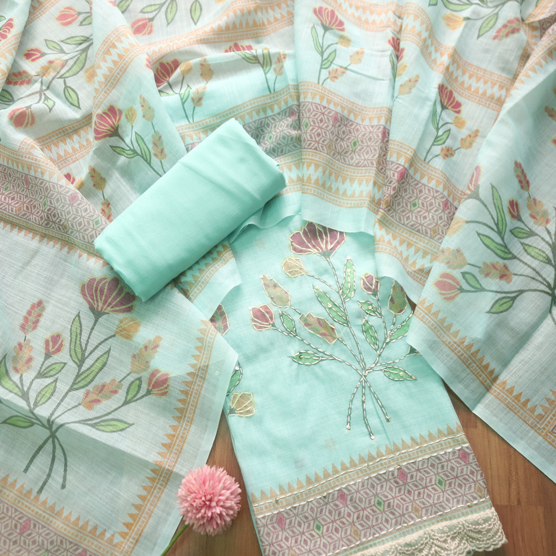Beliya Cyan Blue Floral Printed with Kantha Work Cotton Linen Suit Set