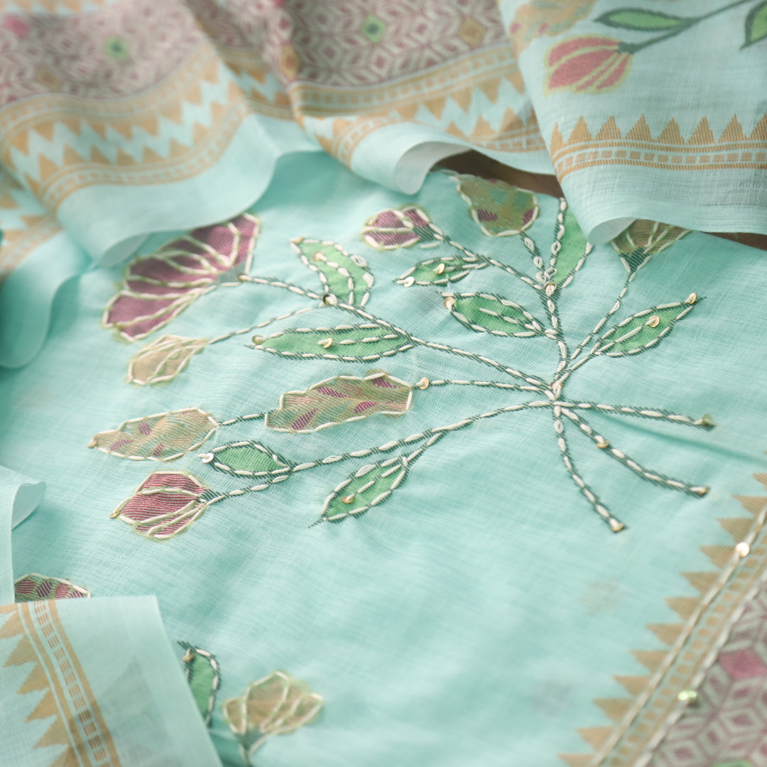 Beliya Cyan Blue Floral Printed with Kantha Work Cotton Linen Suit Set