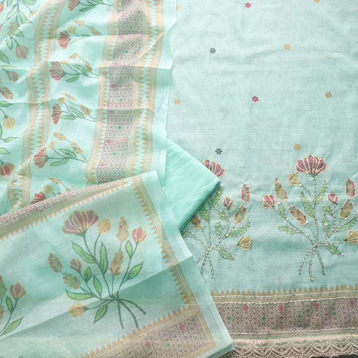 Beliya Cyan Blue Floral Printed with Kantha Work Cotton Linen Suit Set