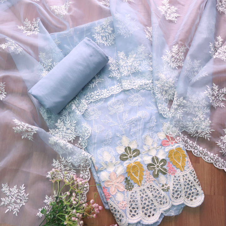 Geet Powder Blue Kashida Thread with Crochet Hem Embroidered Chanderi Set