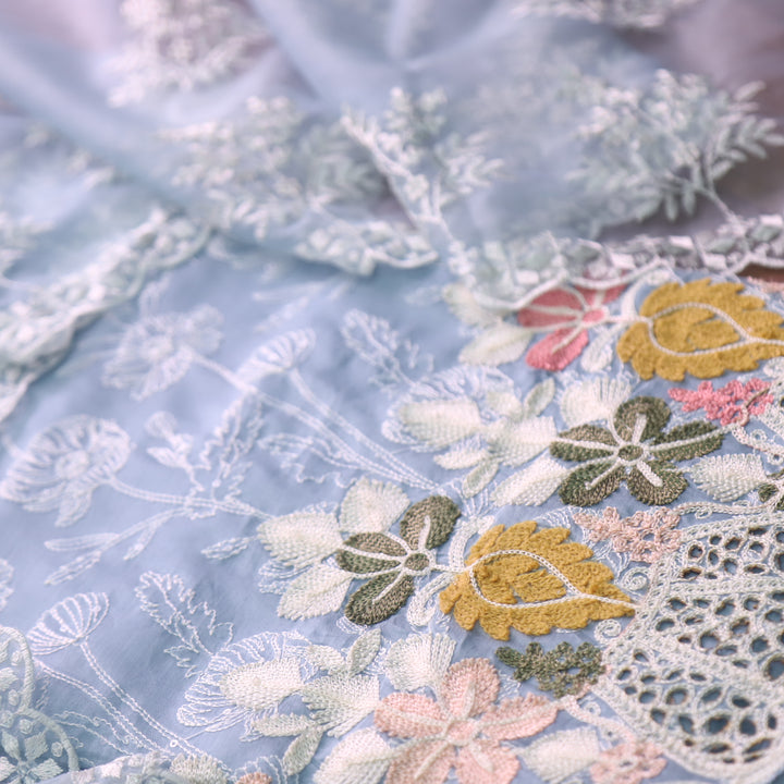 Geet Powder Blue Kashida Thread with Crochet Hem Embroidered Chanderi Set