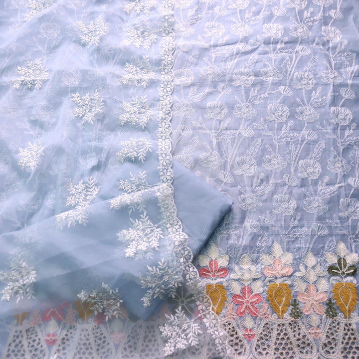 Geet Powder Blue Kashida Thread with Crochet Hem Embroidered Chanderi Set