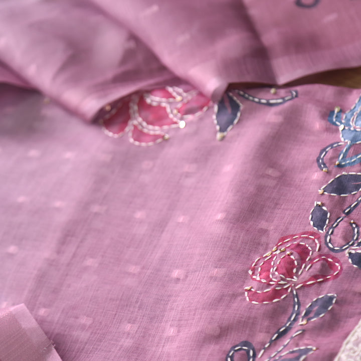 Sufnaa Mulberry Purple Digital Floral Printed with Kantha Work Cotton Linen Set
