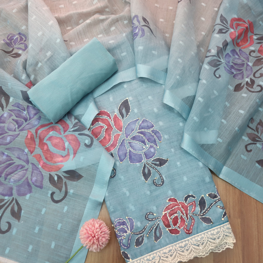 Sufnaa Delum Blue Digital Floral Printed with Kantha Work Cotton Linen Suit Set