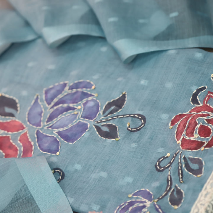 Sufnaa Delum Blue Digital Floral Printed with Kantha Work Cotton Linen Suit Set