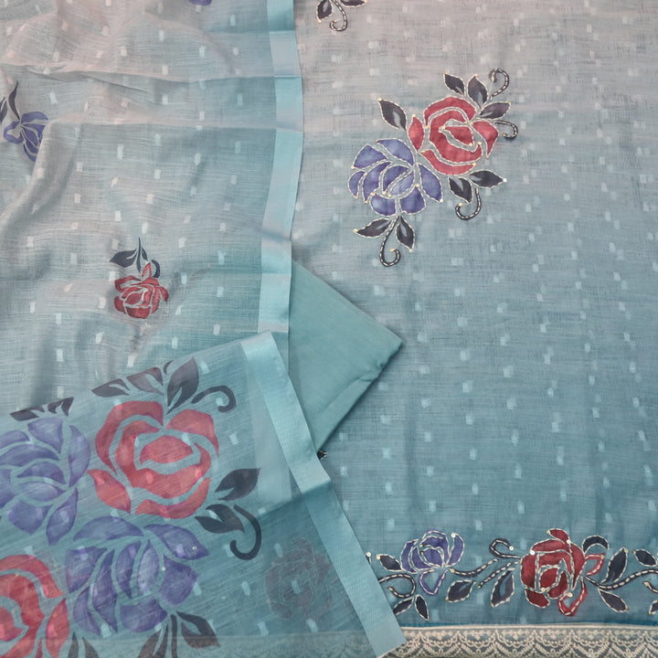 Sufnaa Delum Blue Digital Floral Printed with Kantha Work Cotton Linen Suit Set
