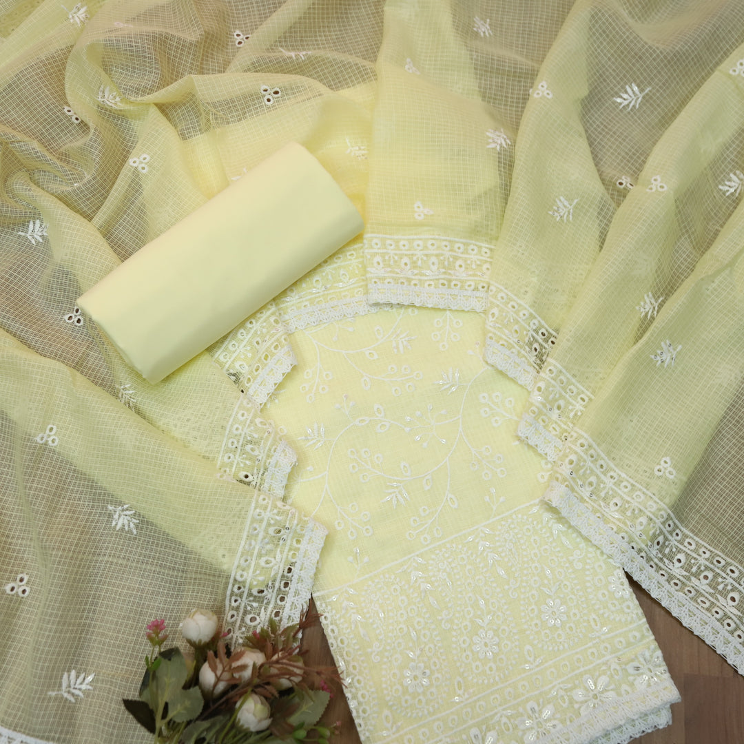 Sahiba Butter Yellow All Over Thread Embroidered Work Kota Doriya Suit Set