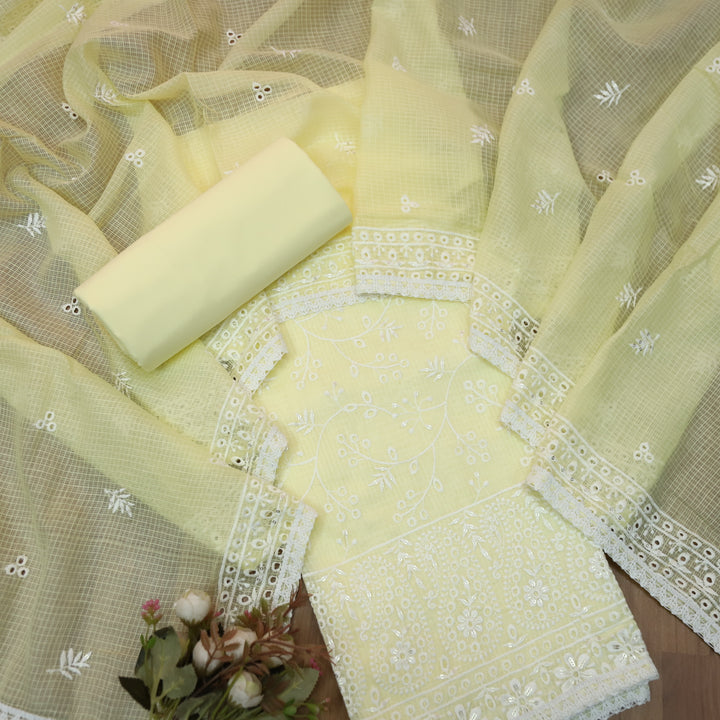 Sahiba Butter Yellow All Over Thread Embroidered Work Kota Doriya Suit Set
